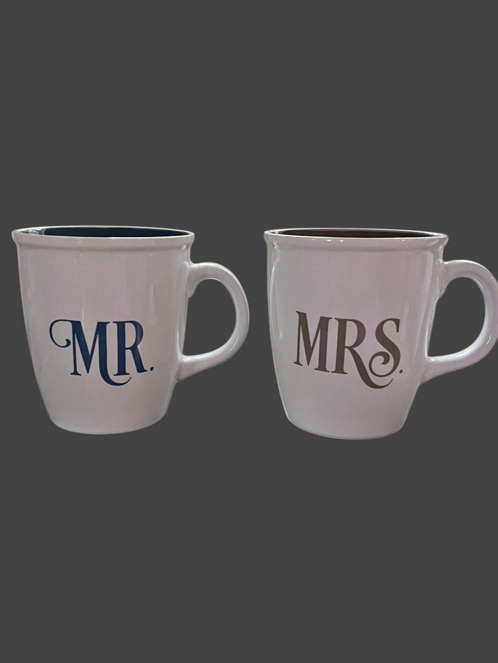 Mr. & Mrs. White Ceramic 14 oz Mug Set - Blue & Brown Lettering